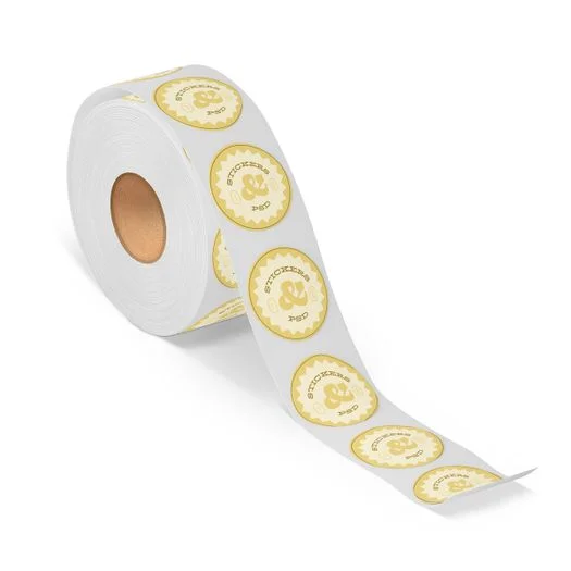 Custom printed white roll labels from O2 Print Shop, designed for product packaging and promotions with vibrant color and precision.